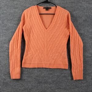Ralph Lauren Black Label Sweater Large Slim Cashmere Cable Knit V Neck Orange